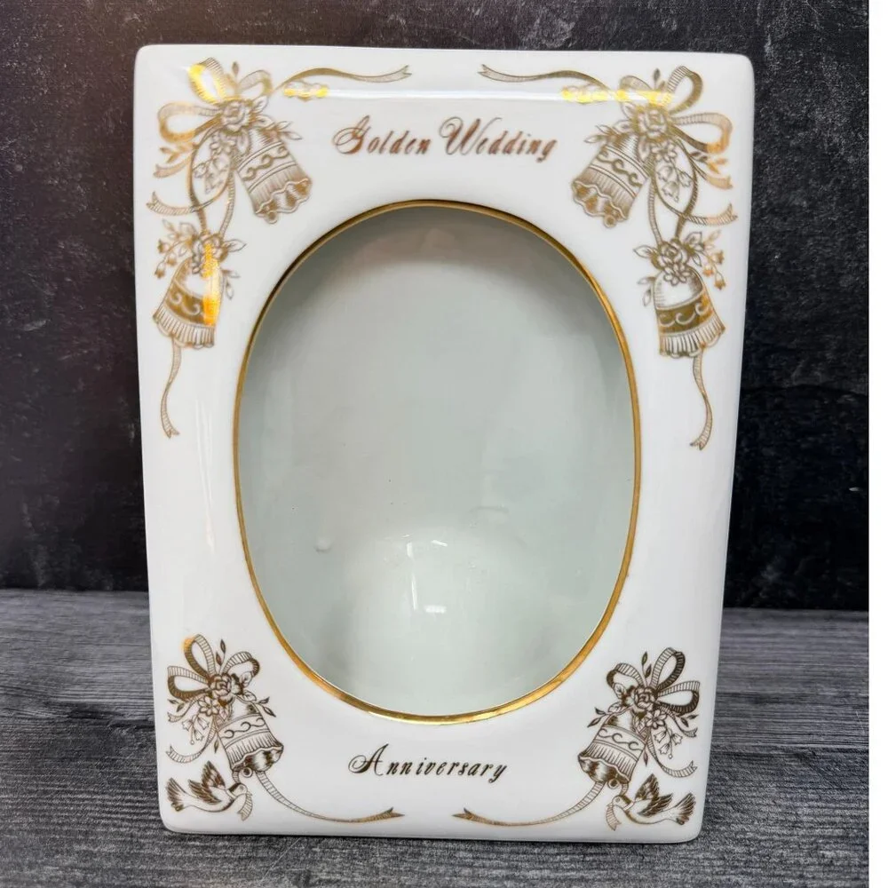 Vintage Lefton Golden Wedding Porcelain Photo Frame Japan 4x6 50th Anniversary 1